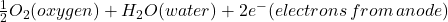 \frac{1}{2} O_{2} (oxygen) + H_{2} O (water) + 2e^{-} (electrons \, from \, anode)